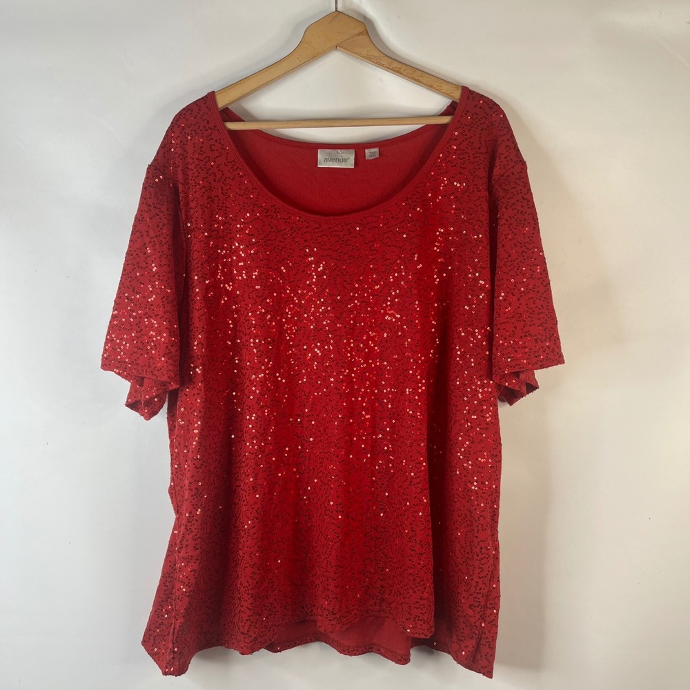Avenue Sequin Top Women 30/32 Red Short Sleeve Scoop Neck Plus Size Sequin